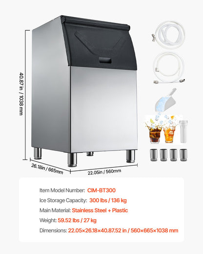 Commercial Ice Maker Storage Bin, 300 LBS Capacity Stainless Steel Ice-Bin, Commercial Ice Storage Bin with Adjustable Anti-slip Rubber Feet, Suitable for Restaurant, Hotel and Beverage Shops