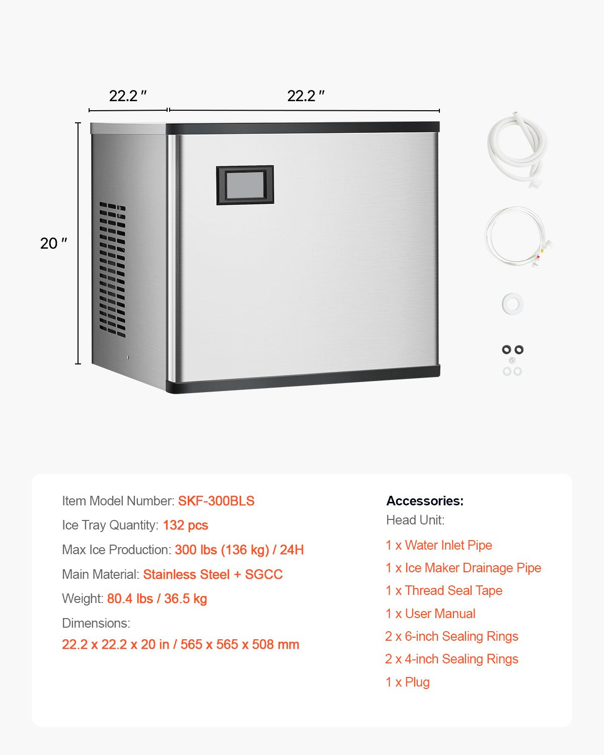 Kommersiell ismaskin 300 lbs/24 h Självrengörande ismaskin - Endast huvud
