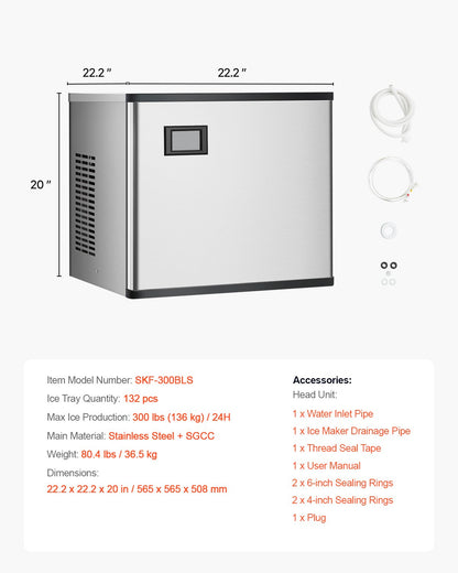 Kommersiell ismaskin 300 lbs/24 h Självrengörande ismaskin - Endast huvud