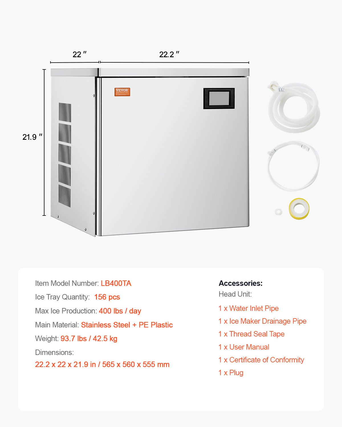 Gewerbliche Eismaschine, 400 lbs/Tag, selbstreinigende Eismaschine – nur Kopf
