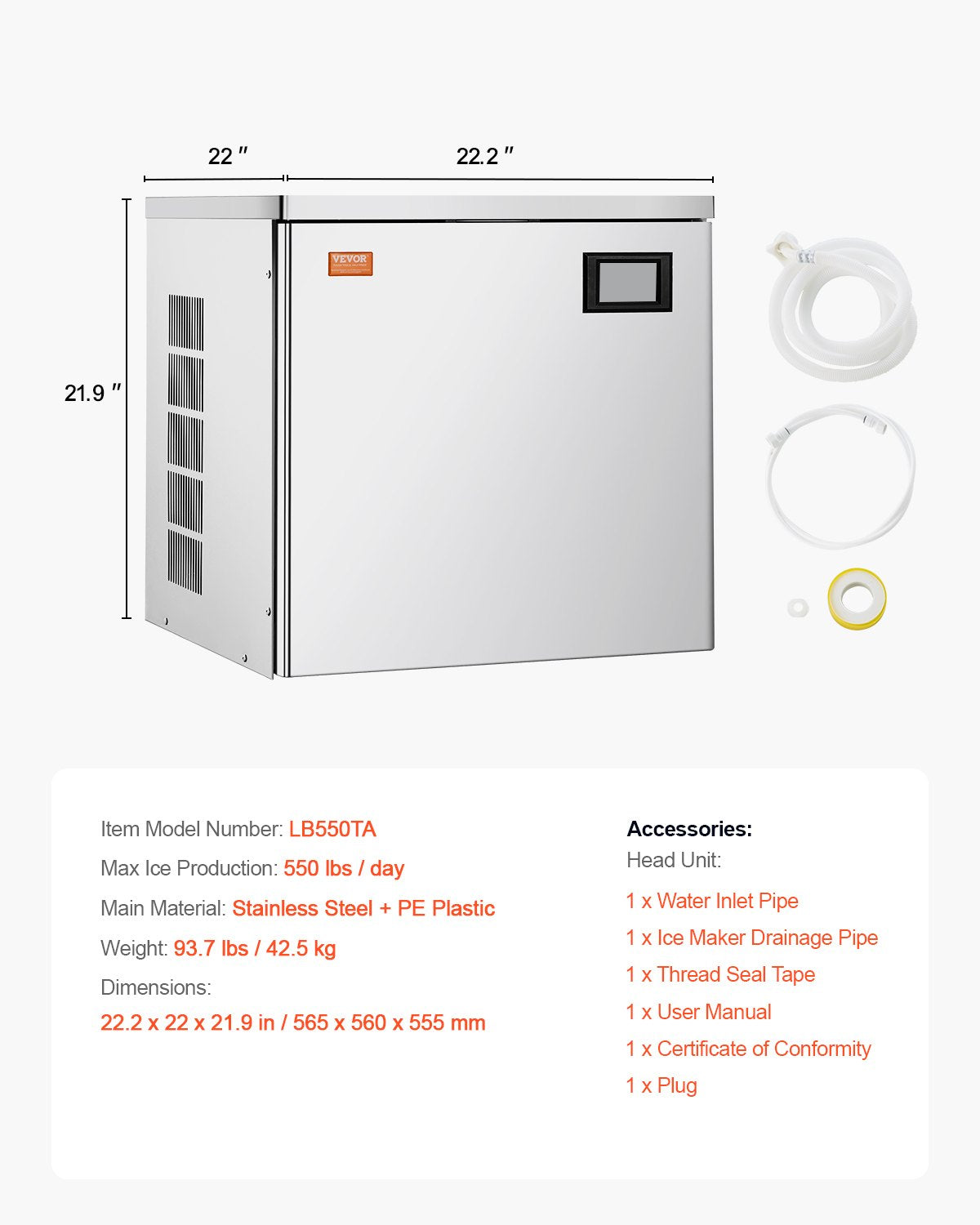 Kommersiell ismaskin 550 lbs/dag självrengörande ismaskin - Endast huvud