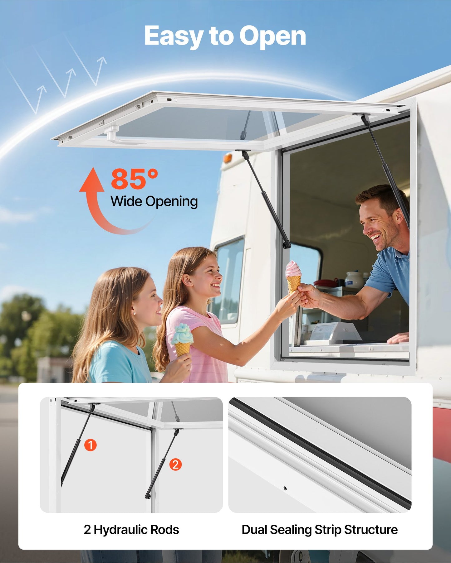 Concession Window 36x36 in, Aluminum Alloy Frame Service Window for Food Truck, Up to 85 Degrees Stand Serving Window with Awning Door and Drag Hook, Rainwater Resistant for Concession Trailers