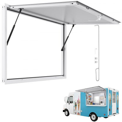 Concession Window 53x33 in, Aluminum Alloy Frame Service Window for Food Truck, Up to 85 Degrees Stand Serving Window with Awning Door and Drag Hook, Rainwater Resistant for Concession Trailers
