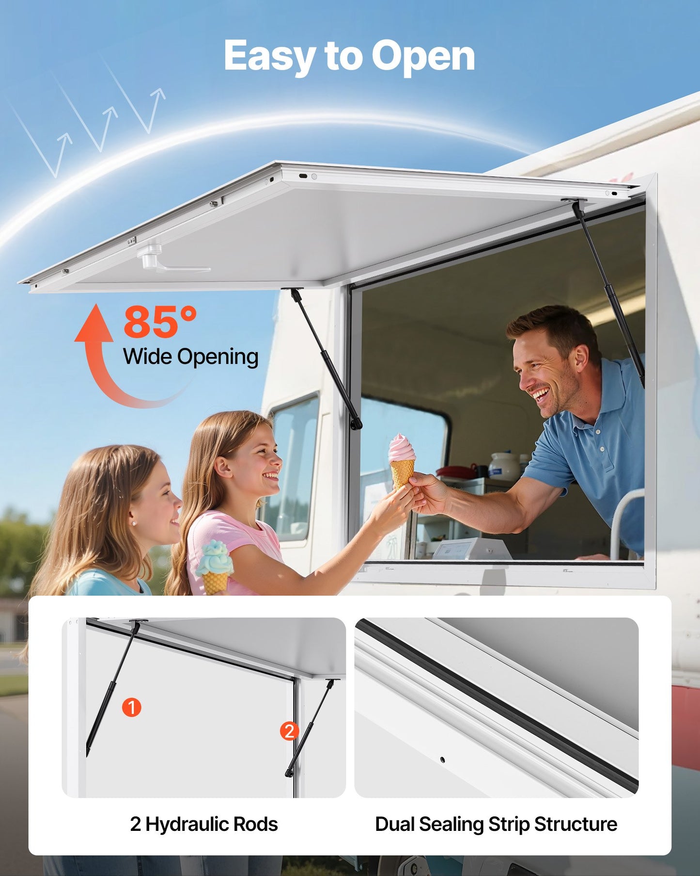 Concession Window 53x33 in, Aluminum Alloy Frame Service Window for Food Truck, Up to 85 Degrees Stand Serving Window with Awning Door and Drag Hook, Rainwater Resistant for Concession Trailers