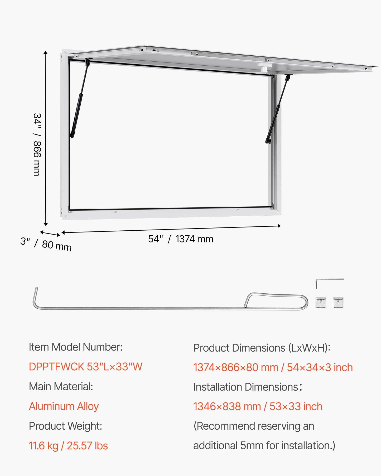 Concession Window 53x33 in, Aluminum Alloy Frame Service Window for Food Truck, Up to 85 Degrees Stand Serving Window with Awning Door and Drag Hook, Rainwater Resistant for Concession Trailers