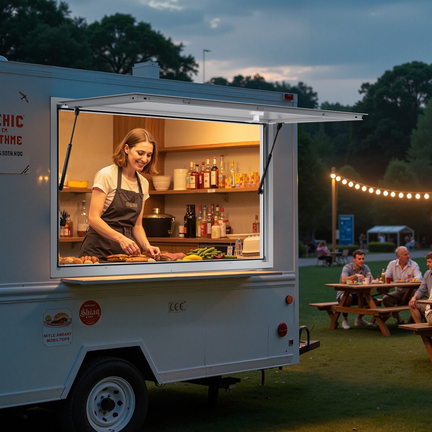 Concession Window 53x33 in, Aluminum Alloy Frame Service Window for Food Truck, Up to 85 Degrees Stand Serving Window with Awning Door and Drag Hook, Rainwater Resistant for Concession Trailers