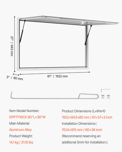 Concession Window 60x36 in, Aluminum Alloy Frame Service Window for Food Truck, Up to 85 Degrees Stand Serving Window with Awning Door and Drag Hook, Rainwater Resistant for Concession Trailers