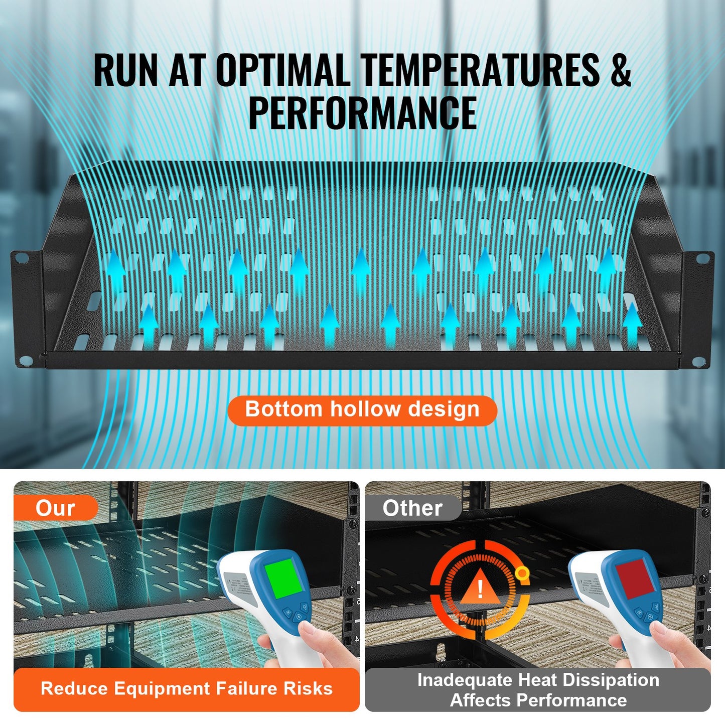 2U-Server-Rack-Regal, 16"/406 mm tief, belüftetes Rack-Montage-Regal mit Ablage