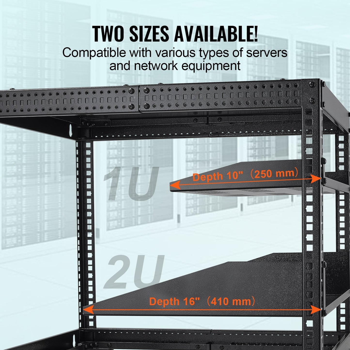 2U-Server-Rack-Regal, 16"/406 mm tief, belüftetes Rack-Montage-Regal mit Ablage