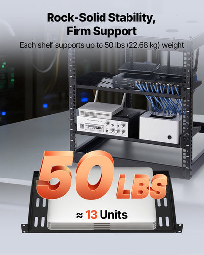 1U Server Rack Shelf, 4 PCS, 50 lbs Max Load-Bearing Vented Cantilever, Wall Mount or Rack Mount Shelf with Tray, 10 in Depth, Good Air Circulation for 19 Inch Cabinet Computer Network Equipment