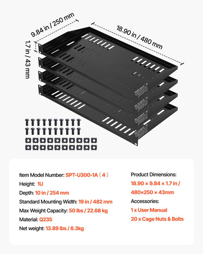 1U Server Rack Shelf, 4 PCS, 50 lbs Max Load-Bearing Vented Cantilever, Wall Mount or Rack Mount Shelf with Tray, 10 in Depth, Good Air Circulation for 19 Inch Cabinet Computer Network Equipment