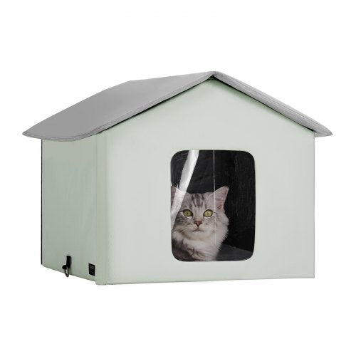 Heated Cat House, Outdoor Kitty Shelter with Adjustable Temperature and Timer, 600D Oxford Cloth Foldable Cat Shelter with Heated Pad for Winter to Stay Warm and Cozy, Green (Middle)