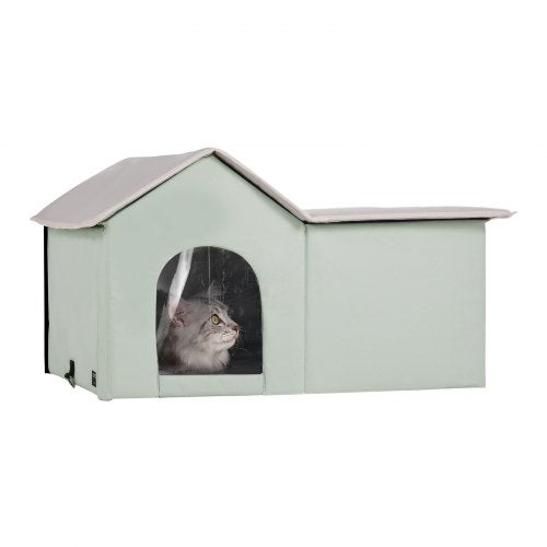 Heated Cat House, Outdoor Kitty Shelter with Adjustable Temperature and Timer, 600D Oxford Cloth Foldable Cat Shelter with Heated Pad for Winter to Stay Warm and Cozy, Green (Large)