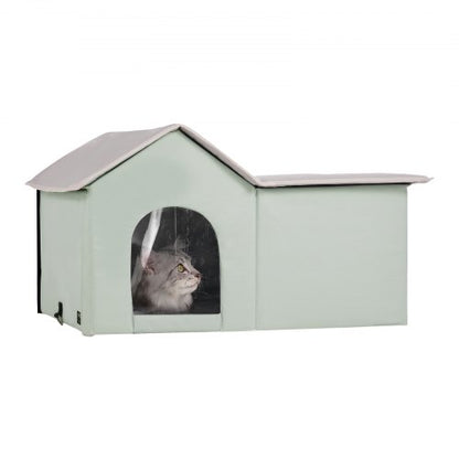 Heated Cat House, Outdoor Kitty Shelter with Adjustable Temperature and Timer, 600D Oxford Cloth Foldable Cat Shelter with Heated Pad for Winter to Stay Warm and Cozy, Green (Large)