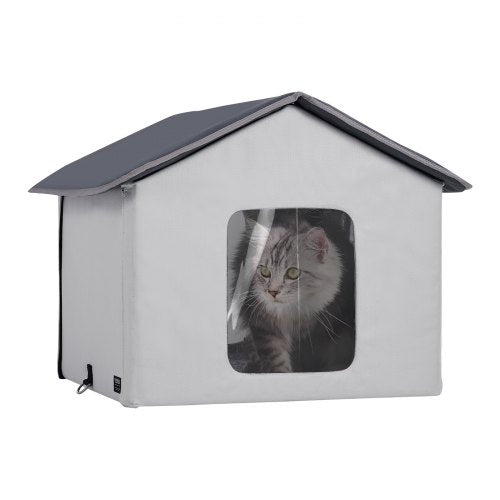 Heated Cat House, Outdoor Kitty Shelter with Timer, 600D Oxford Cloth Foldable Cat Shelter with Heated Pad for Winter to Stay Warm and Cozy, Gray (Middle)