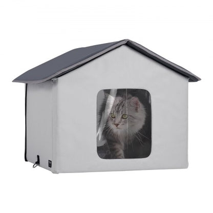 Heated Cat House, Outdoor Kitty Shelter with Timer, 600D Oxford Cloth Foldable Cat Shelter with Heated Pad for Winter to Stay Warm and Cozy, Gray (Middle)