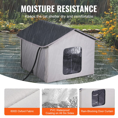 Heated Cat House, Outdoor Kitty Shelter with Timer, 600D Oxford Cloth Foldable Cat Shelter with Heated Pad for Winter to Stay Warm and Cozy, Gray (Middle)
