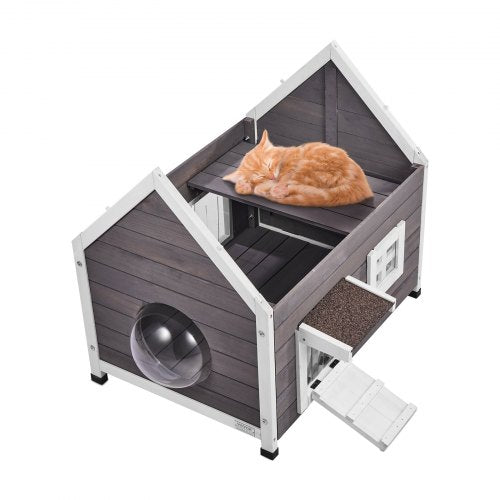 Outdoor Cat House Weatherproof, Feral Cat Shelter for Multiple Cats, Outdoor Wooden Cat House with Large Side Door, PVC Door Flaps, Open Roof, Clear Window, 22"L x 30"W x 26"H