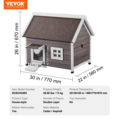 Outdoor Cat House Weatherproof, Feral Cat Shelter for Multiple Cats, Outdoor Wooden Cat House with Large Side Door, PVC Door Flaps, Open Roof, Clear Window, 22"L x 30"W x 26"H