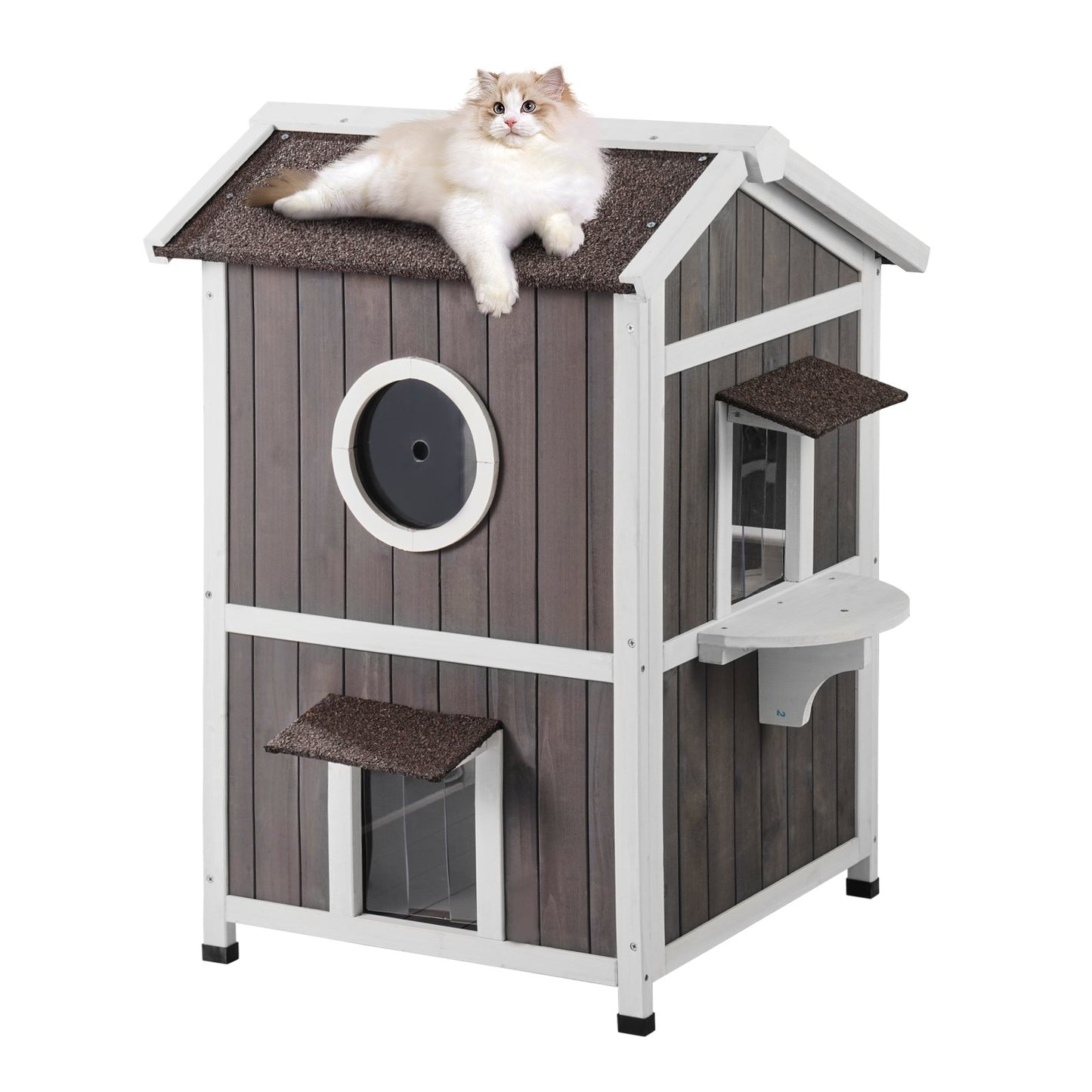 Outdoor Cat House 2-stöckiges Wildkatzenhaus aus Holz mit Dach und Türklappen