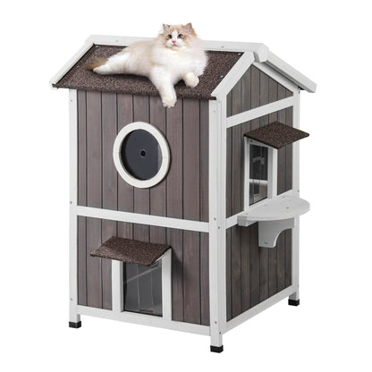 Outdoor Cat House 2-stöckiges Wildkatzenhaus aus Holz mit Dach und Türklappen