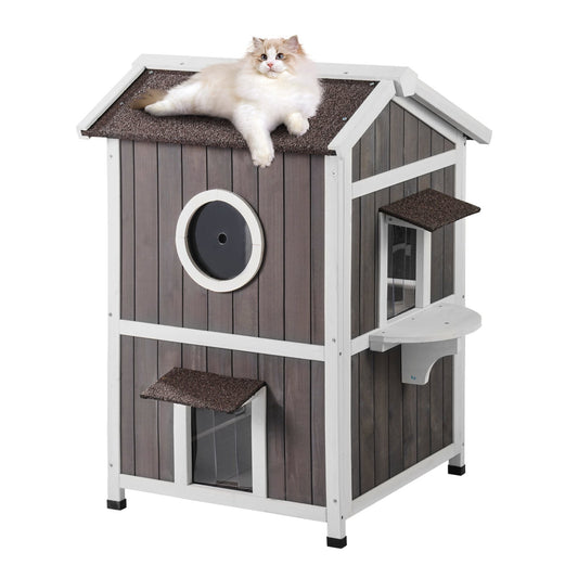 Outdoor Cat House 2-story wooden wild cat home with roof and door flaps