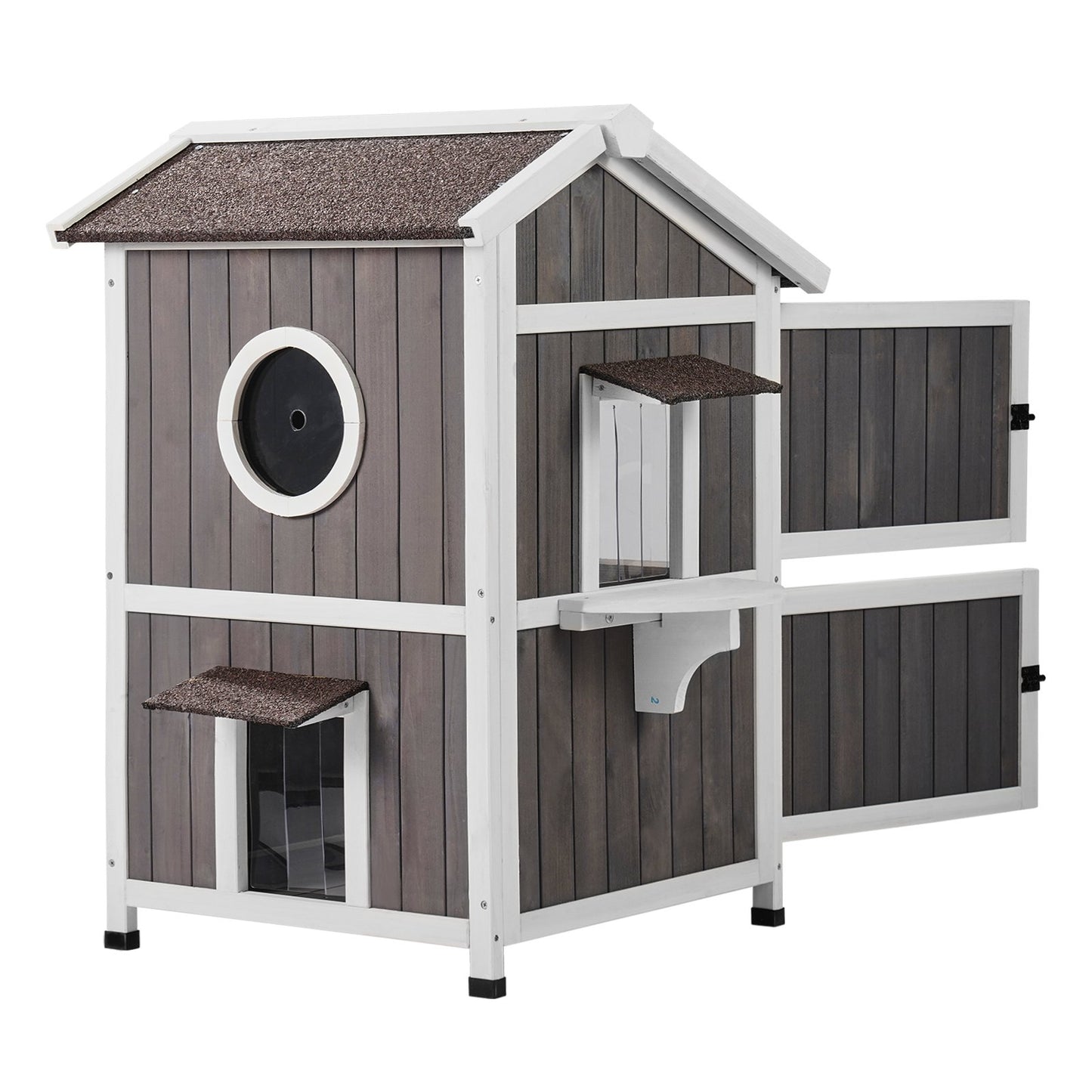 Outdoor Cat House 2-stöckiges Wildkatzenhaus aus Holz mit Dach und Türklappen