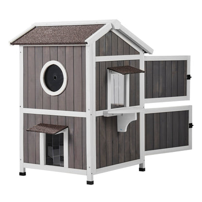 Outdoor Cat House 2-stöckiges Wildkatzenhaus aus Holz mit Dach und Türklappen