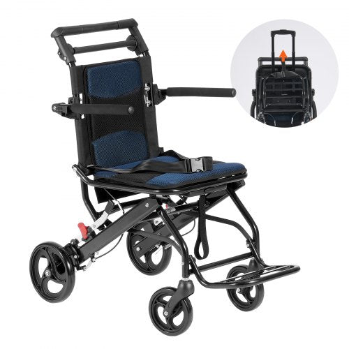 Wheelchair, Aluminum Alloy Ultra-Lightweight Transport Chair for Adults, Foldable Cabin Wheelchair with Flip-Back Desk-Length Arms, Self-locking Brake, 15.75-Inch Wide Seat, 220lbs Load