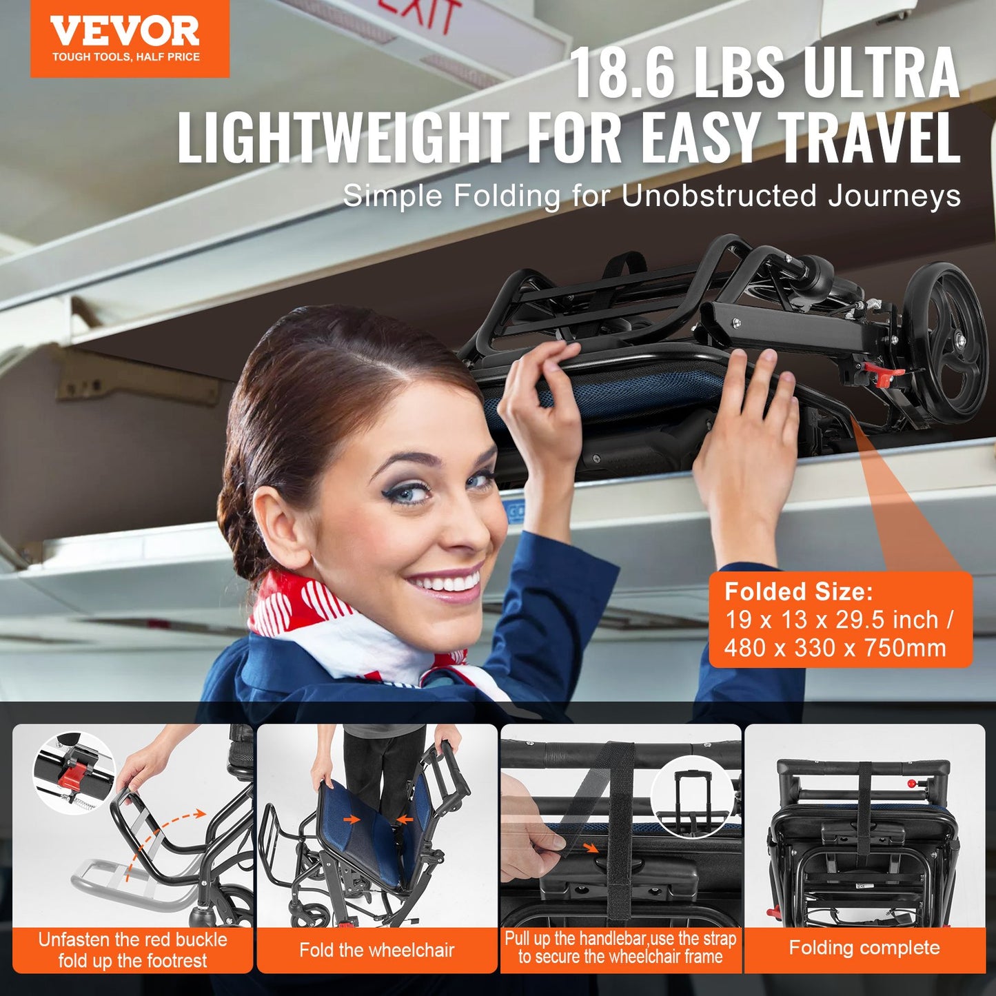 Rollstuhl Aluminiumlegierung Transportstuhl Faltbar 15,75 Zoll W Sitz 220lbs