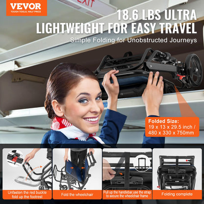 Rollstuhl Aluminiumlegierung Transportstuhl Faltbar 15,75 Zoll W Sitz 220lbs