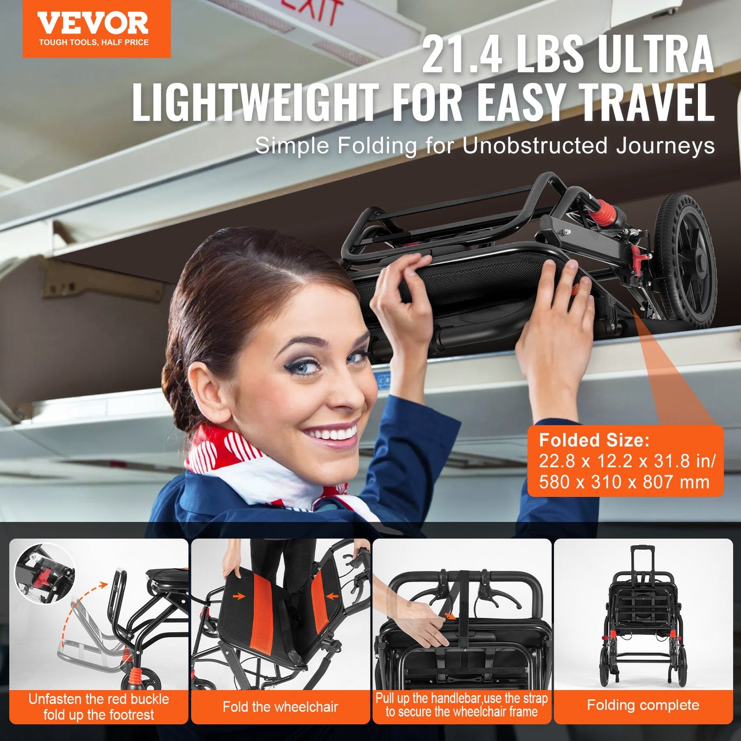 Rullstol Transportstol i aluminiumlegering Fällbar 18-in W Säte 220lbs