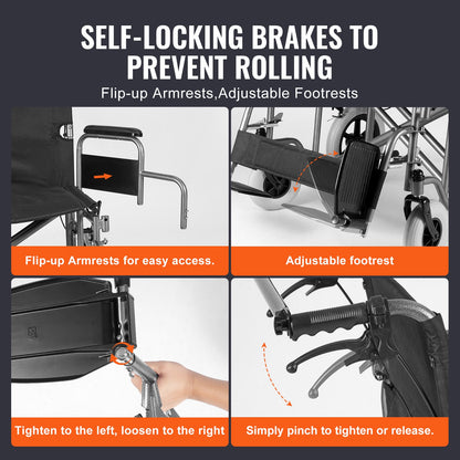 Rullstol Stål Transportstol Vikbar rullstol 24-in W Säte 300lbs