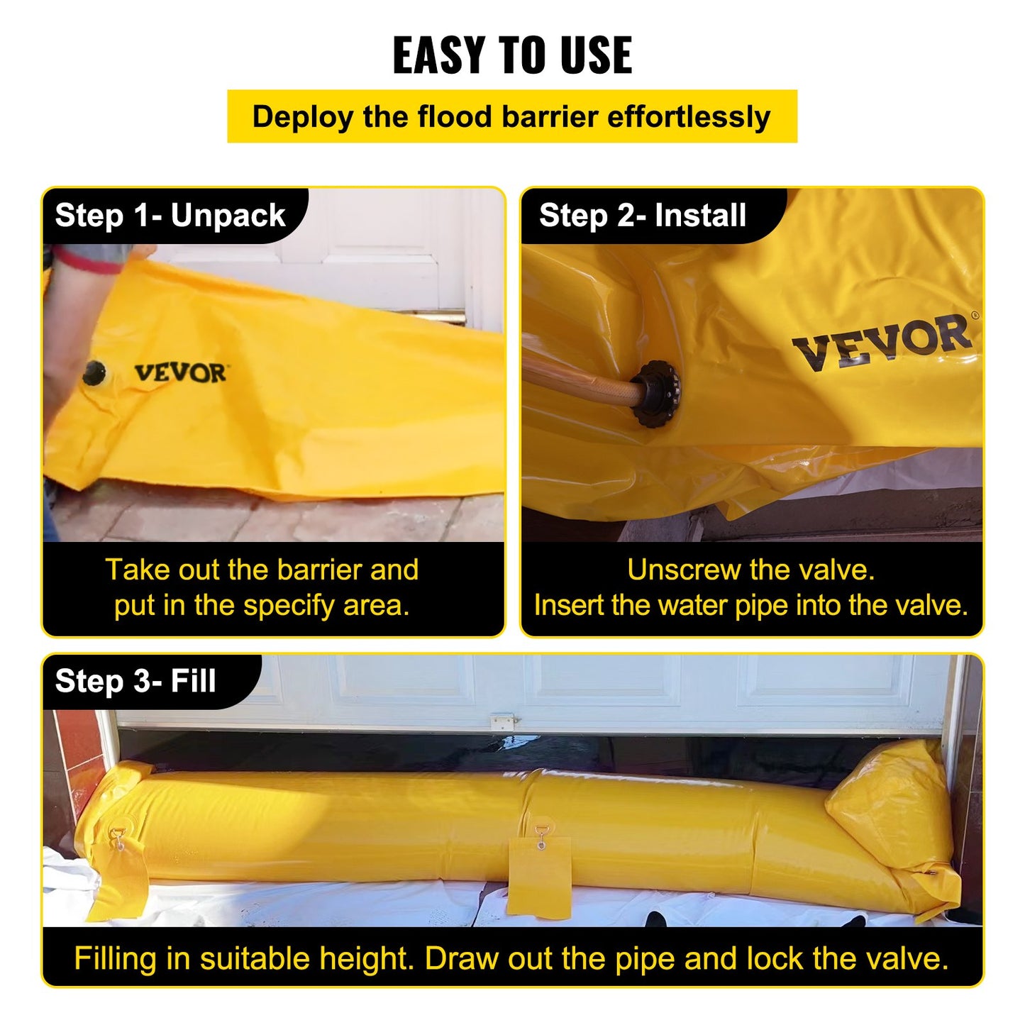 Flood Barrier, 24 ft Length x 6 in Height Sandbag Alternative, Water Barrier for Flooding with Great Waterproof Effect, Reusable PVC Water Diversion Tubes, Flood Barriers for Home, Door, Garage