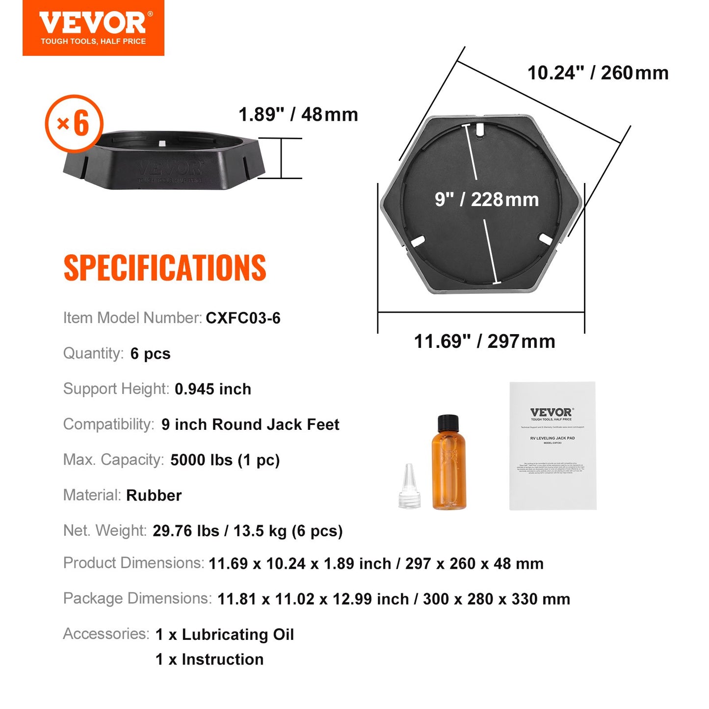RV Leveling Pads, 9 Inch Round Landing Feet, Permanent Attached Jack Stabilizers, Rubber Jack Pads, 5000 lbs Capacity per RV Jack Pad, 5th Wheels, Travel Trailers, Class A/C Motorhomes (6-Pack)