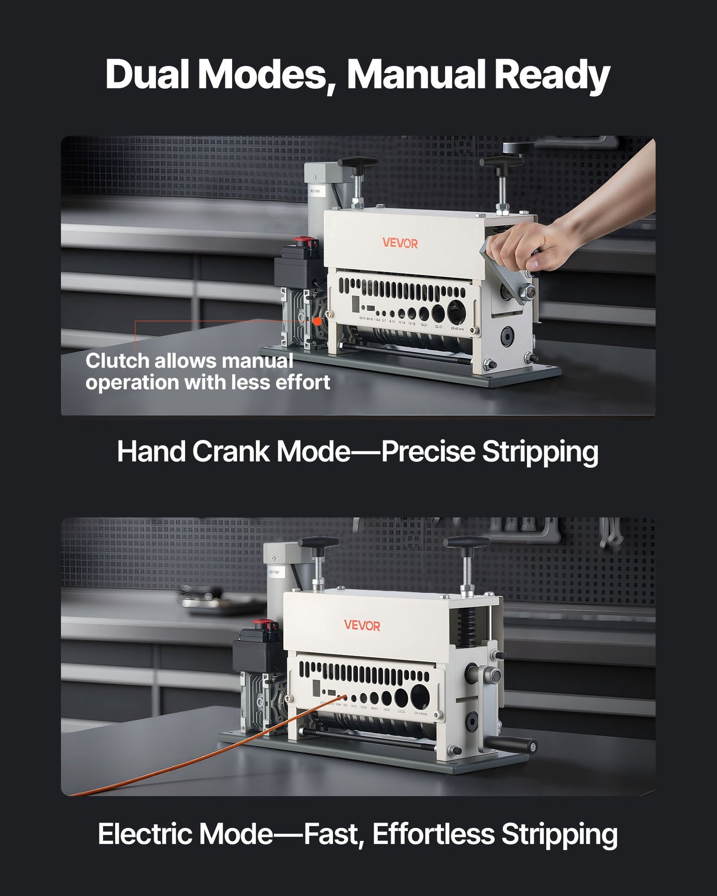 Electric Wire Stripper Machine, 0.06-1.57 in, 11 Channel Automatic Copper Cable Stripper, 370W Wire Stripper Tool with Manual Hand Crank Mode, Emergency Stop Button, for Scrap Copper Recycling