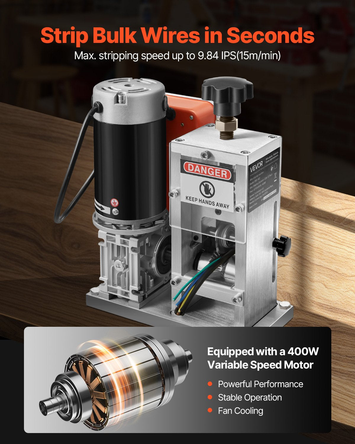 Electric Wire Stripping Machine, 0.06-1.57 in, 400W Automatic Motorized Cable Stripper, 9.84 IPS (15 m/min) Wire Peeler with Blades, V-Shaped Rollers, Cooling Fan, for Scrap Copper Recycling