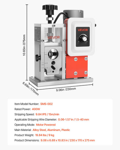Electric Wire Stripping Machine, 0.06-1.57 in, 400W Automatic Motorized Cable Stripper, 9.84 IPS (15 m/min) Wire Peeler with Blades, V-Shaped Rollers, Cooling Fan, for Scrap Copper Recycling