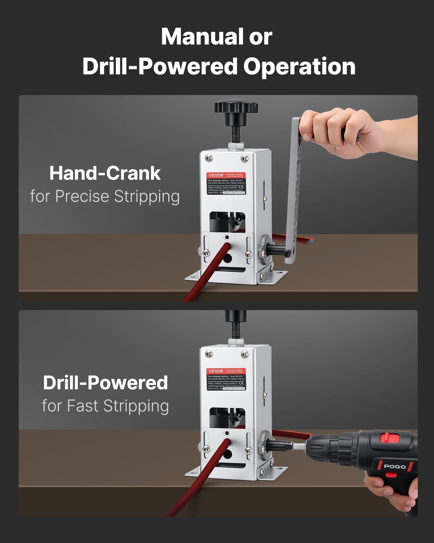 Manual Wire Stripper Machine, 0.06-1.18 in, Copper Cable Stripper Tool, Hand Crank or Drill Powered Modes, Heavy-Duty Q235 Frame Wire Stripping Machine, Easy to Use, for Scrap Copper Recycling
