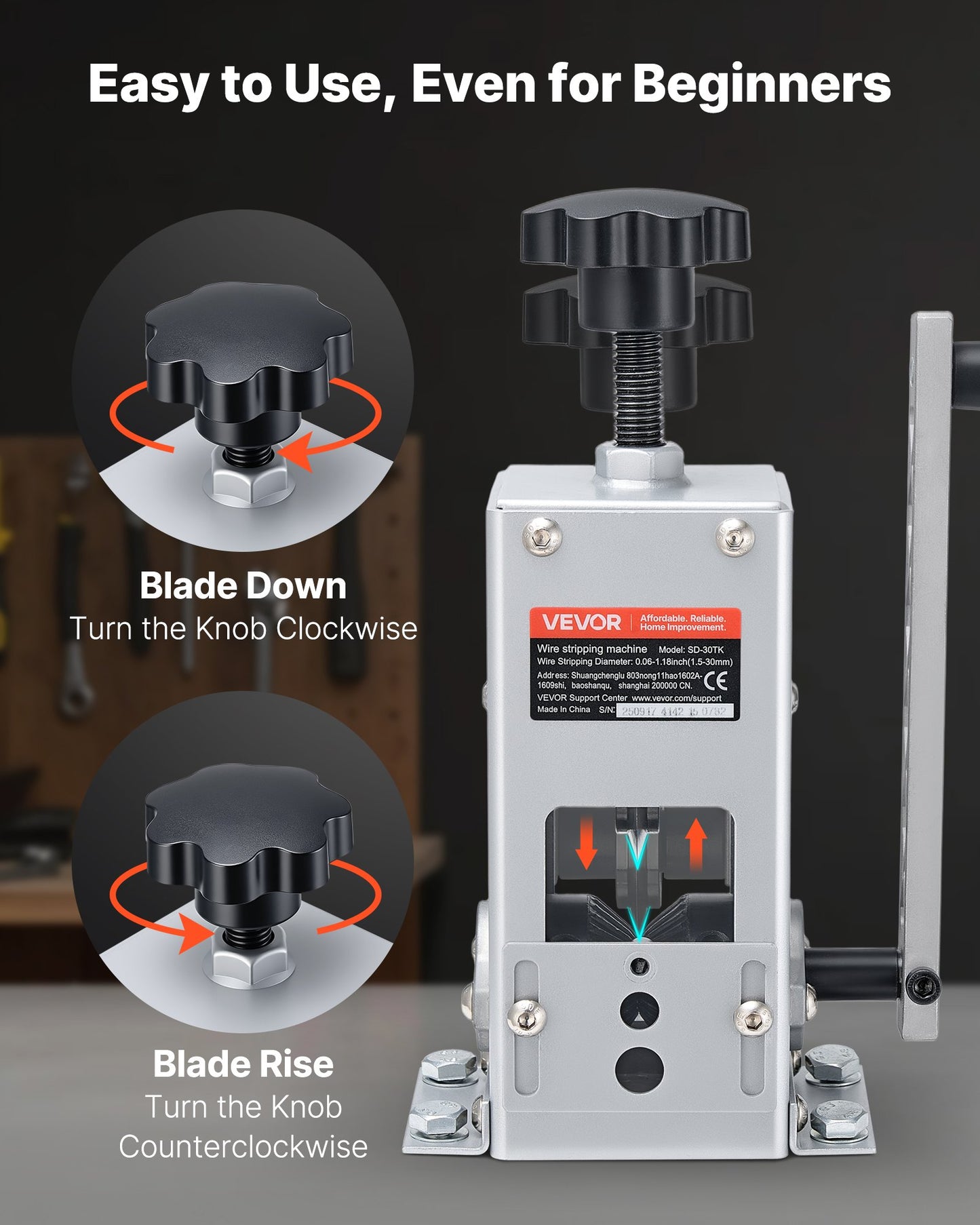 Manual Wire Stripper Machine, 0.06-1.18 in, Copper Cable Stripper Tool, Hand Crank or Drill Powered Modes, Heavy-Duty Q235 Frame Wire Stripping Machine, Easy to Use, for Scrap Copper Recycling