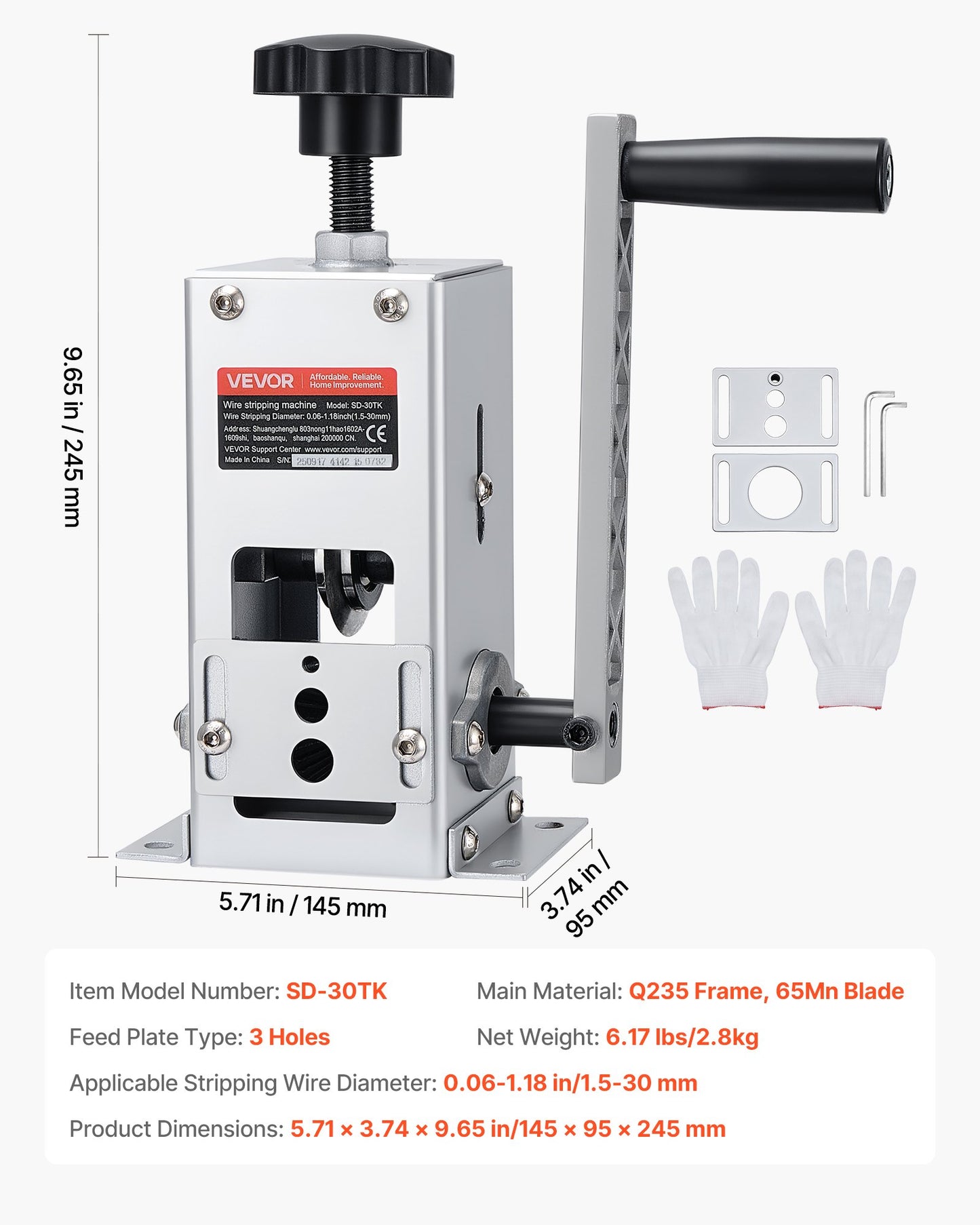Manual Wire Stripper Machine, 0.06-1.18 in, Copper Cable Stripper Tool, Hand Crank or Drill Powered Modes, Heavy-Duty Q235 Frame Wire Stripping Machine, Easy to Use, for Scrap Copper Recycling