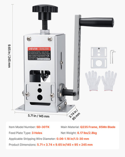 Manual Wire Stripper Machine, 0.06-1.18 in, Copper Cable Stripper Tool, Hand Crank or Drill Powered Modes, Heavy-Duty Q235 Frame Wire Stripping Machine, Easy to Use, for Scrap Copper Recycling