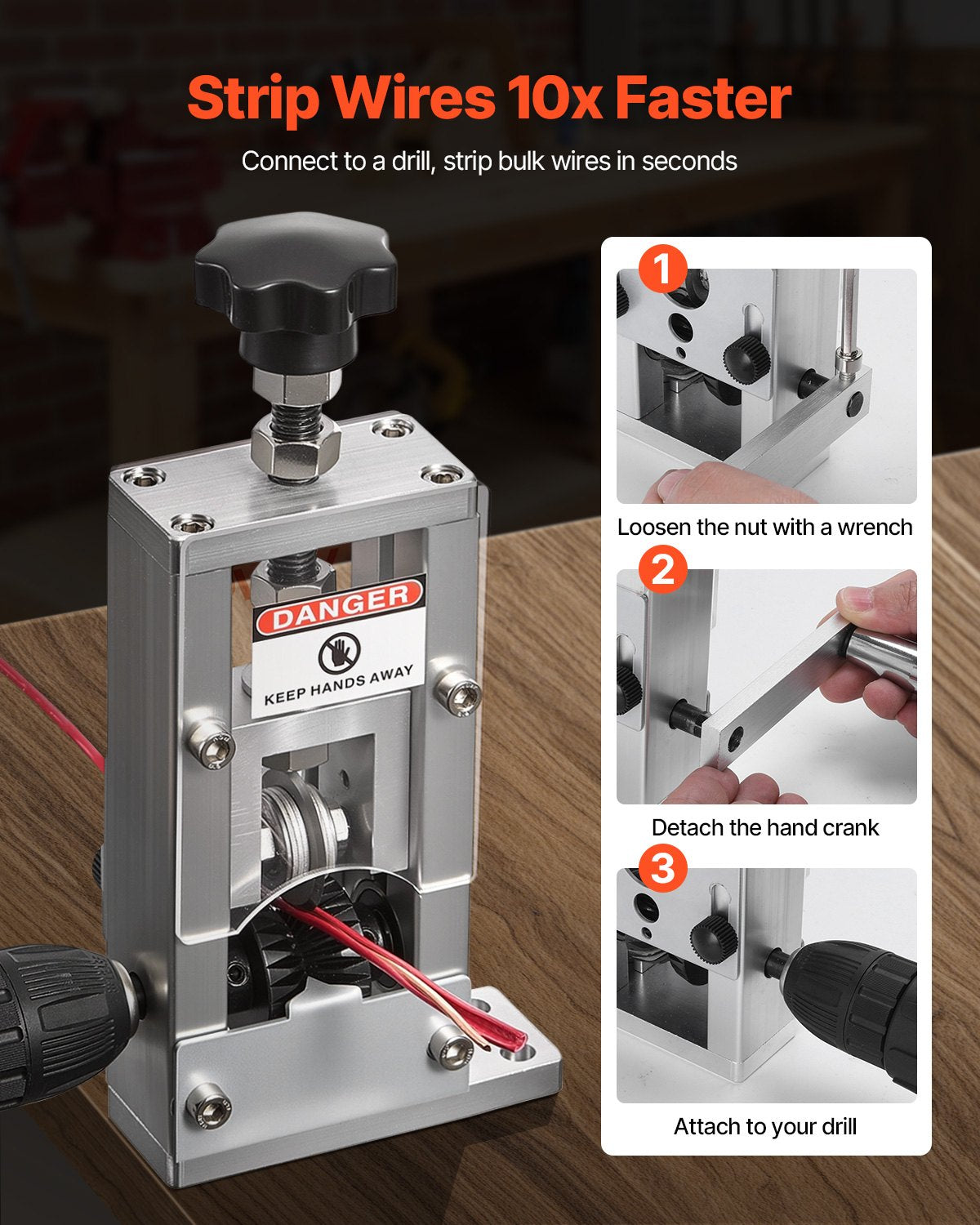 Manual Wire Stripping Machine, 0.06-1 in, Copper Stripper with Hand Crank or Drill Powered, 64Mn Quenched Blades, 45# Steel Rollers, Aluminum Alloy Frame Wire Peeler, for Scrap Copper Recycling
