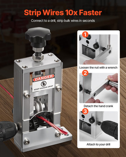Manual Wire Stripping Machine, 0.06-1 in, Copper Stripper with Hand Crank or Drill Powered, 64Mn Quenched Blades, 45# Steel Rollers, Aluminum Alloy Frame Wire Peeler, for Scrap Copper Recycling
