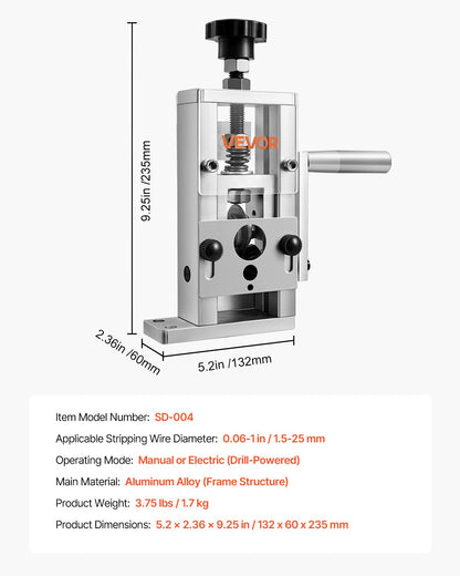Manual Wire Stripping Machine, 0.06-1 in, Copper Stripper with Hand Crank or Drill Powered, 64Mn Quenched Blades, 45# Steel Rollers, Aluminum Alloy Frame Wire Peeler, for Scrap Copper Recycling