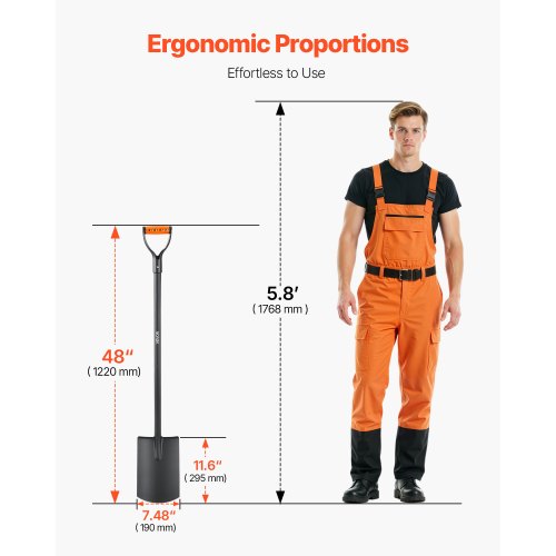 fyrkantig spade, 122 cm kraftig platt spade, överföringsspadar med legerat stålblad och halkfritt D-handtag, avtagbar och enkel förvaring, för trädgårdsarbete, byggnation, grävning och snöskottning |  EU