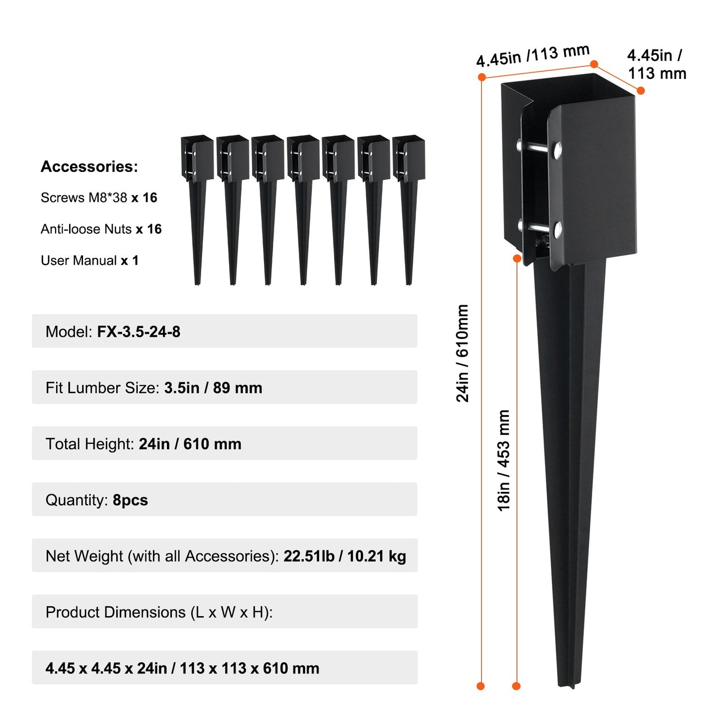 Erdspieß für Zaunpfosten, 8er-Pack, 61 x 10 x 10 cm Außendurchmesser (Innendurchmesser 8,9 x 8,9 cm), schwarz pulverbeschichteter Erdspieß aus Metall, für Briefkasten, Terrassen, Gartengeländer