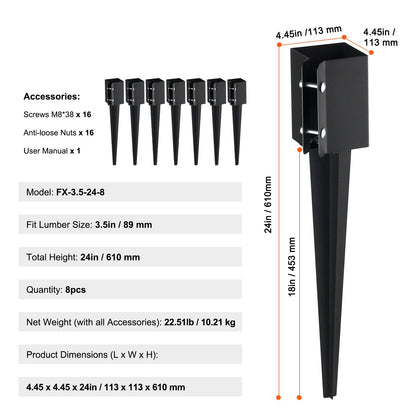 Erdspieß für Zaunpfosten, 8er-Pack, 61 x 10 x 10 cm Außendurchmesser (Innendurchmesser 8,9 x 8,9 cm), schwarz pulverbeschichteter Erdspieß aus Metall, für Briefkasten, Terrassen, Gartengeländer