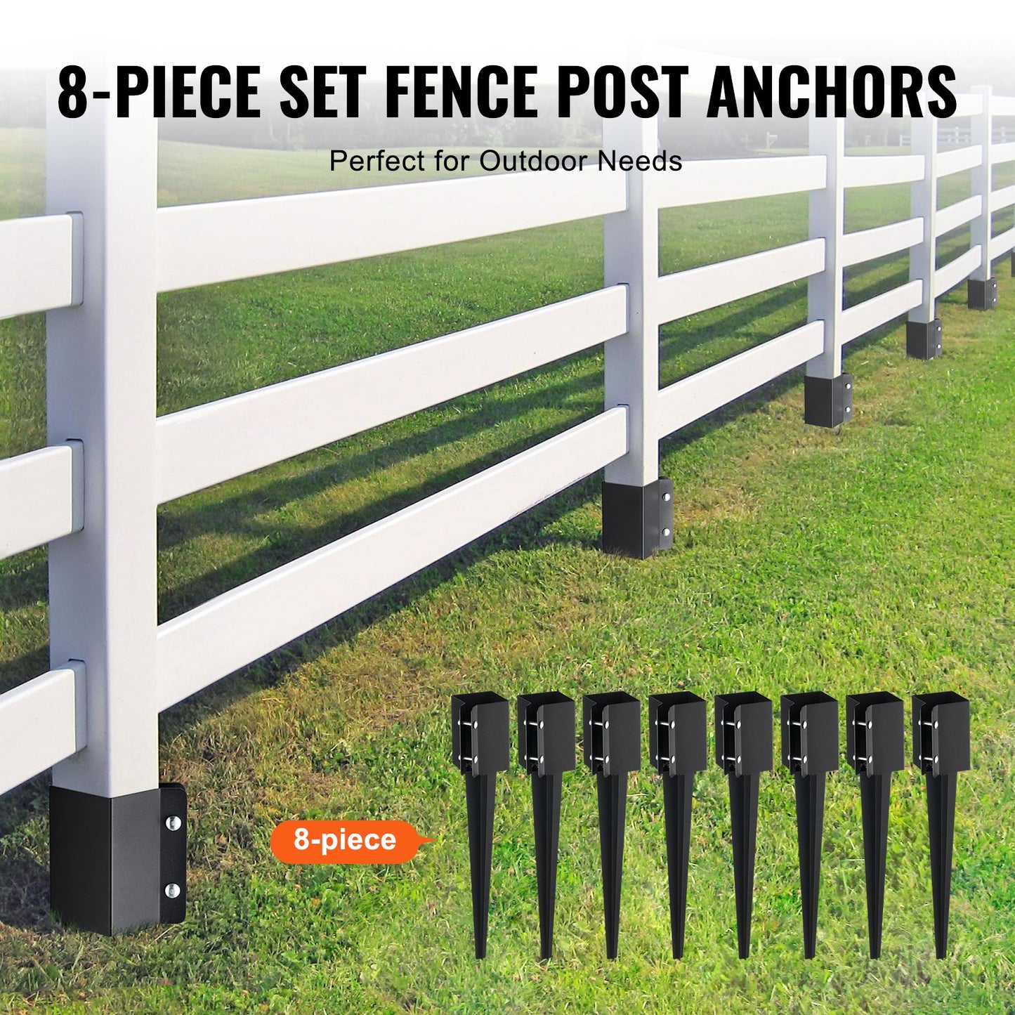 Fence Post Anchor Ground Spike, 8 Pack 24 x 4 x 4 Inches Outer Diameter (Inner Diameter 3.5 x3.5 Inches), Metal Black Powder Coated Post Stake Ground, for Mailbox Deck Garden Railing