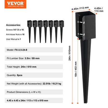 Fence Post Anchor Ground Spike, 8 Pack 24 x 4 x 4 Inches Outer Diameter (Inner Diameter 3.5 x3.5 Inches), Metal Black Powder Coated Post Stake Ground, for Mailbox Deck Garden Railing